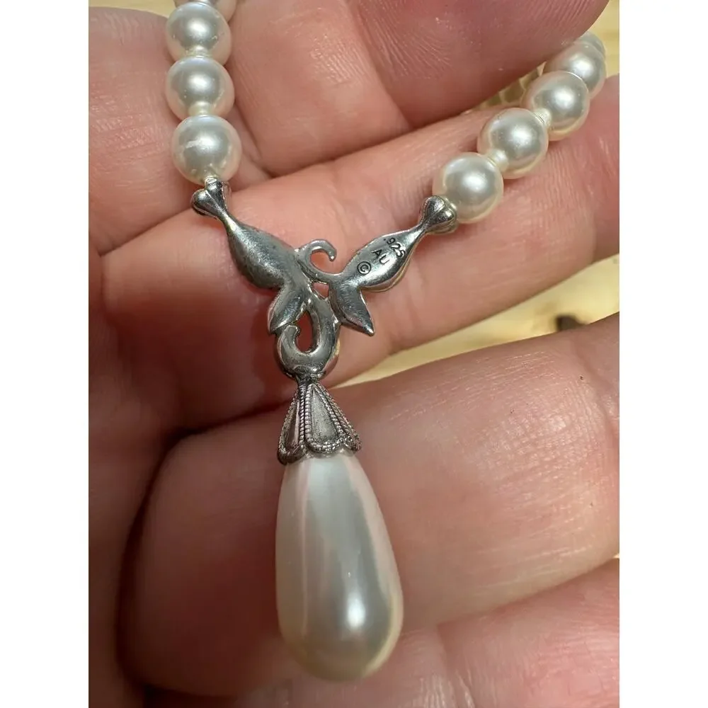 Vintage Faux Pearl CZ Sterling Silver Necklace 925 AU